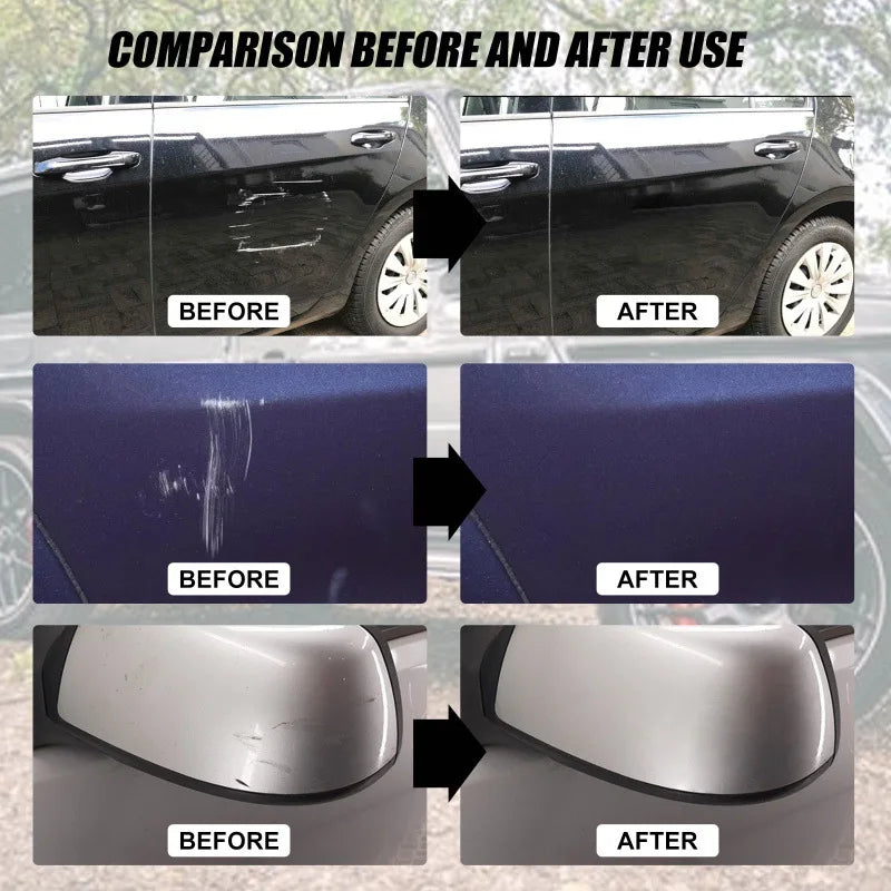 Comparison showing before and after results of a car scratch remover kit on a car's paint and headlight.