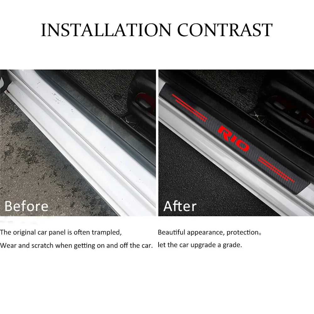 Comparison showing the installation contrast of carbon fiber door threshold decals before and after application.