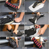 A series of images showing the installation and use of a black and red striped seat cover for an off-road motorbike.