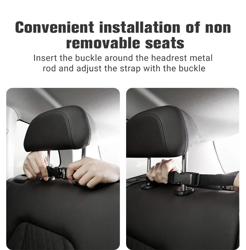 Hände setzen eine Schnalle um einen Metallstab des Kopfstützen, um nicht entfernbare Sitze im Auto zu installieren.