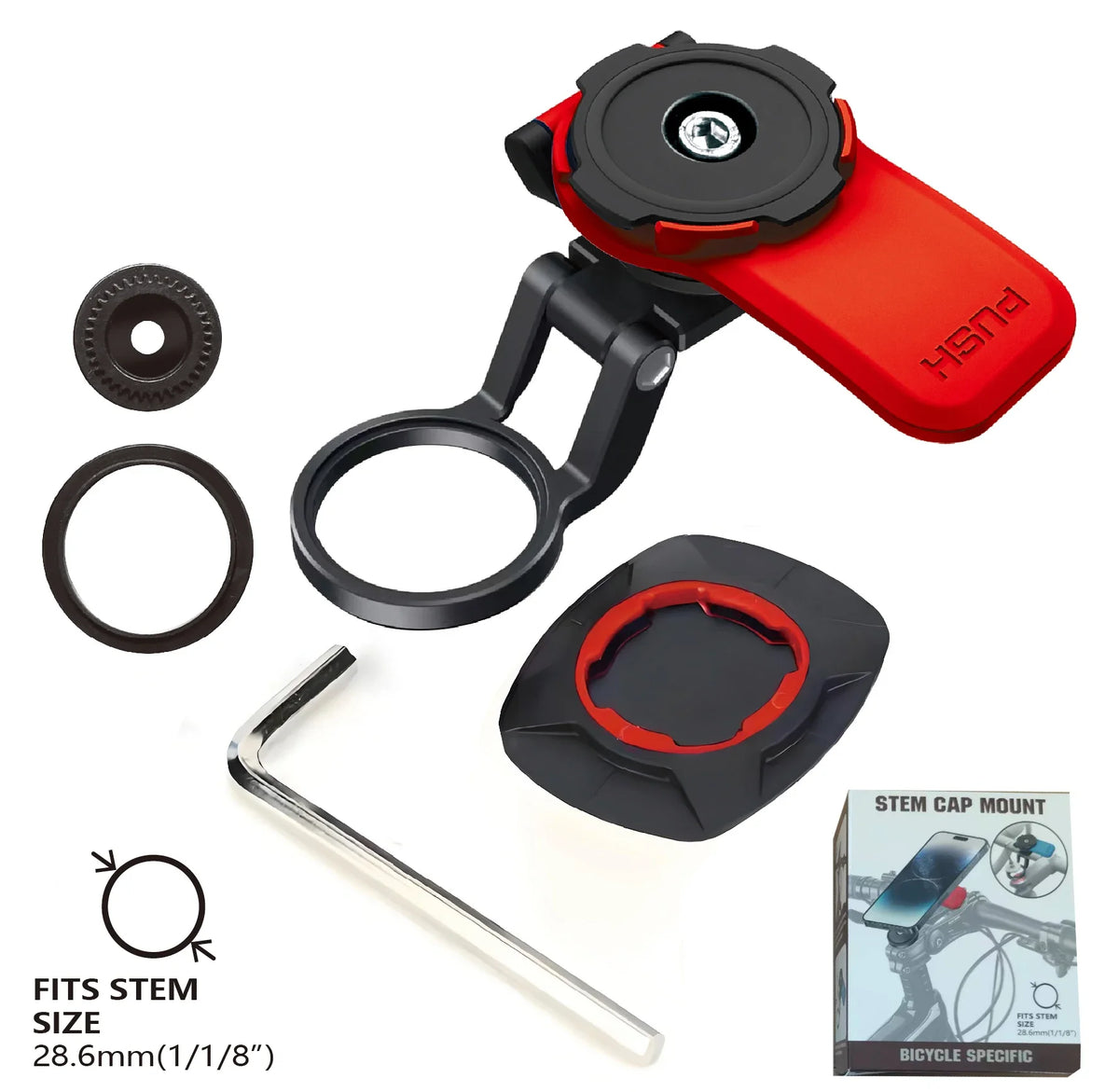 A red and black universal motorcycle phone mount with a clamp and stem cap mount adapter.