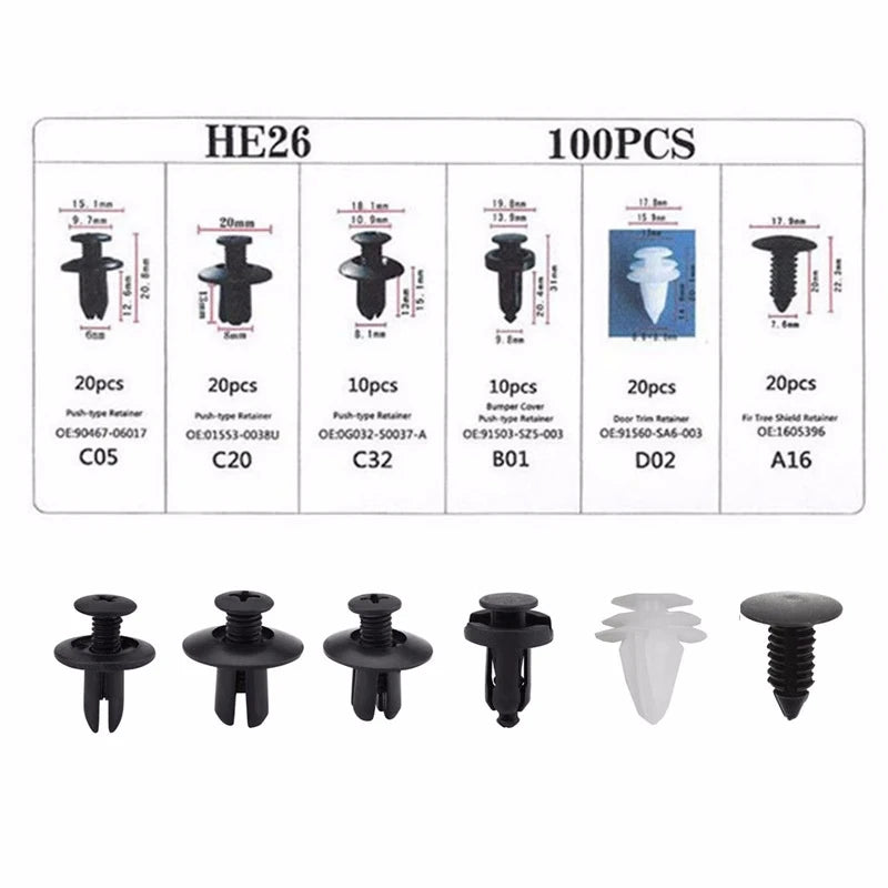 Colección de clips de sujeción para automóviles, incluyendo retenedores de tipo empuje y para molduras y parachoques.