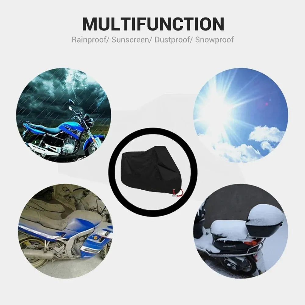 A black motorcycle cover is shown in various contexts, including rain, sun, dust, and snow protection.
