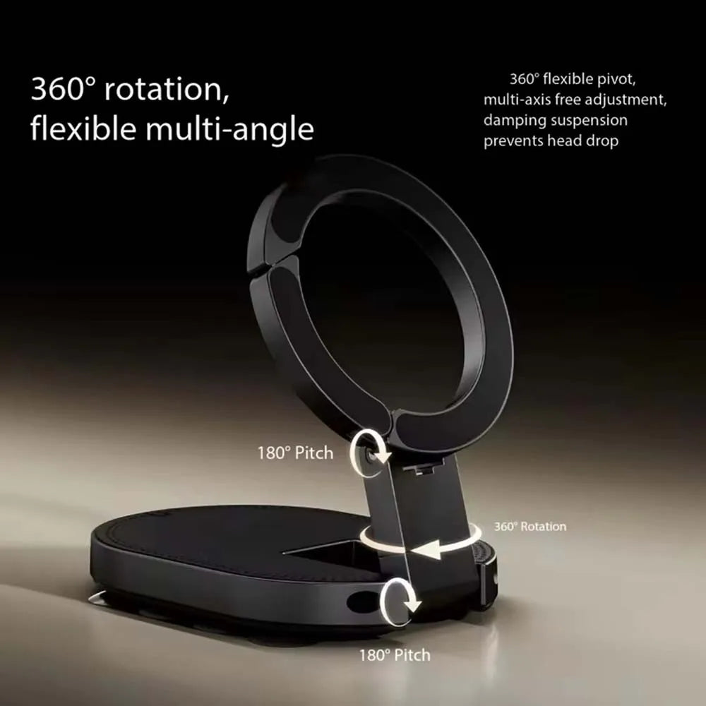 Black magnetic phone holder stand with 360 degree rotation and flexible multi-angle adjustment features