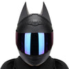 Black full face motorcycle helmet with a reflective blue visor
