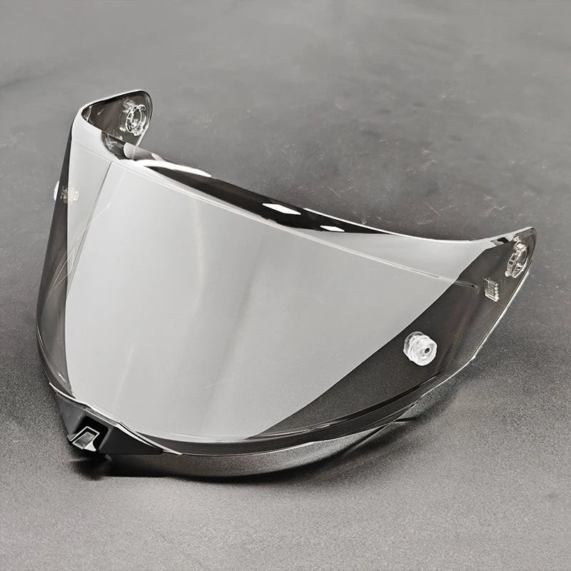 A clear motorcycle helmet visor with a dark gray frame and mounting hardware.