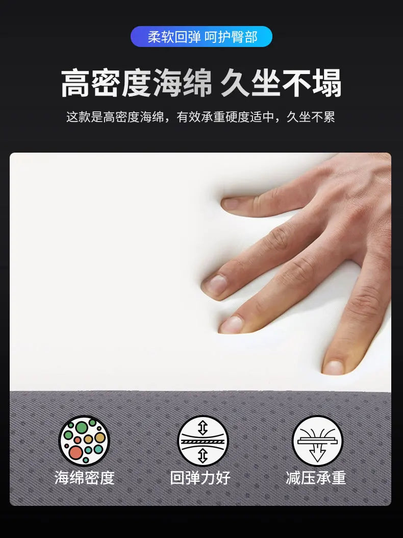 A hand is pressing a section of a memory foam cushion, illustrating the high-density marine grade material's rebound and weig