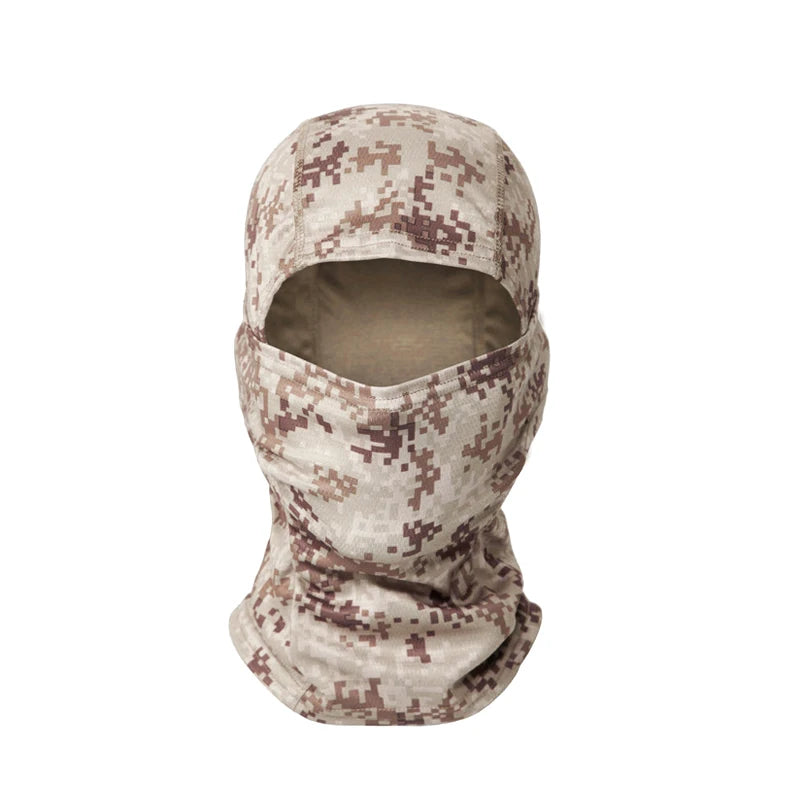 A beige and brown camouflage stretchy balaclava cap worn on a mannequin.