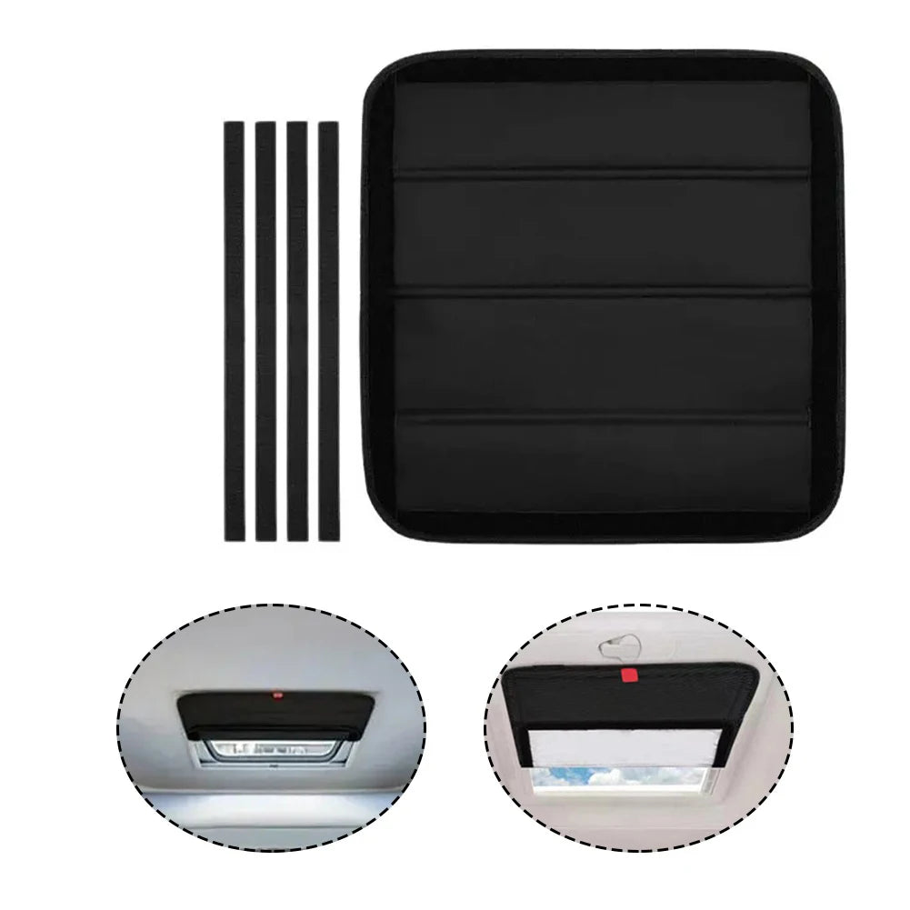 Pare-soleil aluminium noir pliable pour VR et camping-car, vues rapprochées.