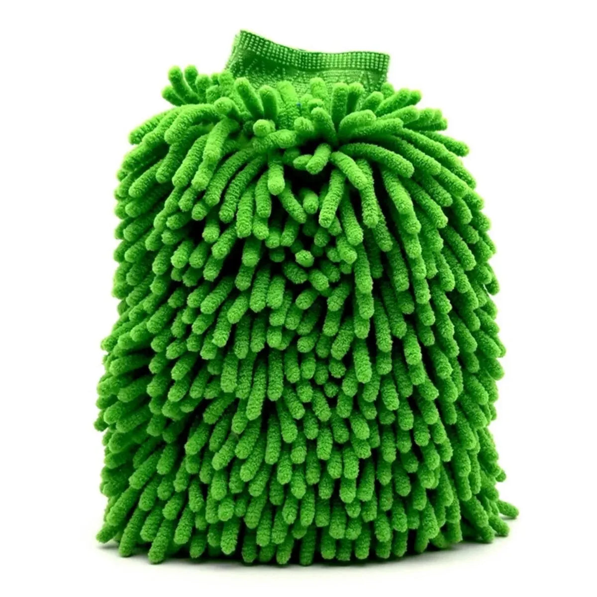 A bright green double-sided microfiber car wash mitt with a textured, fluffy surface.