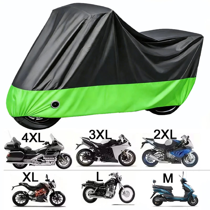A black motorcycle waterproof protection cover with a lime green trim, shown in various sizes.