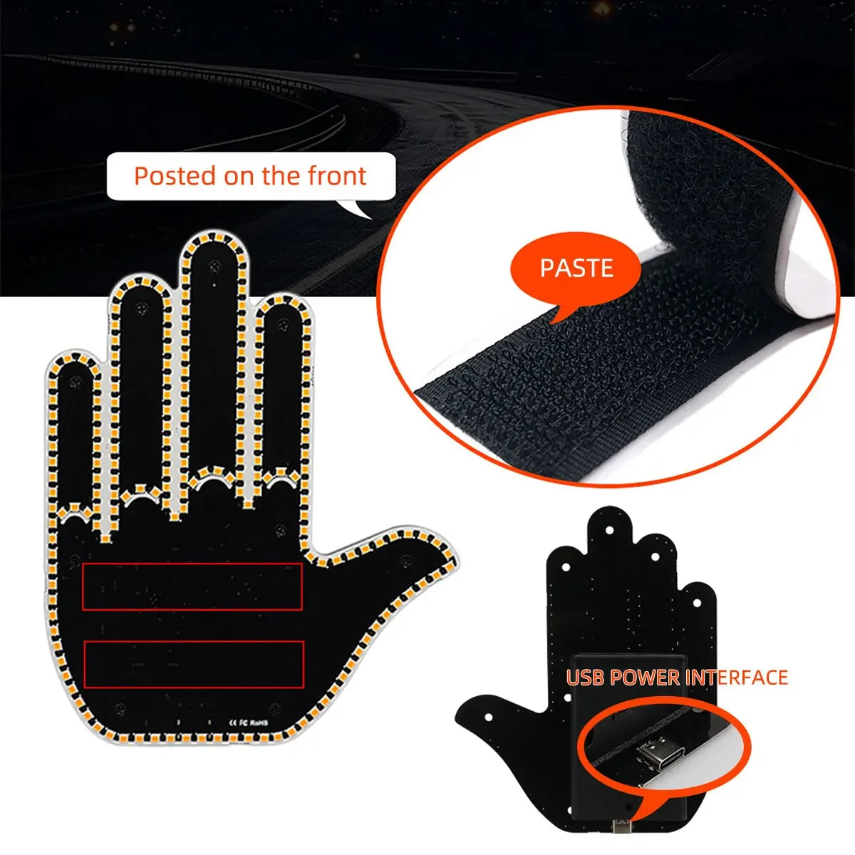 A black silicone finger light sensor module with a USB power interface is shown against a dark background.