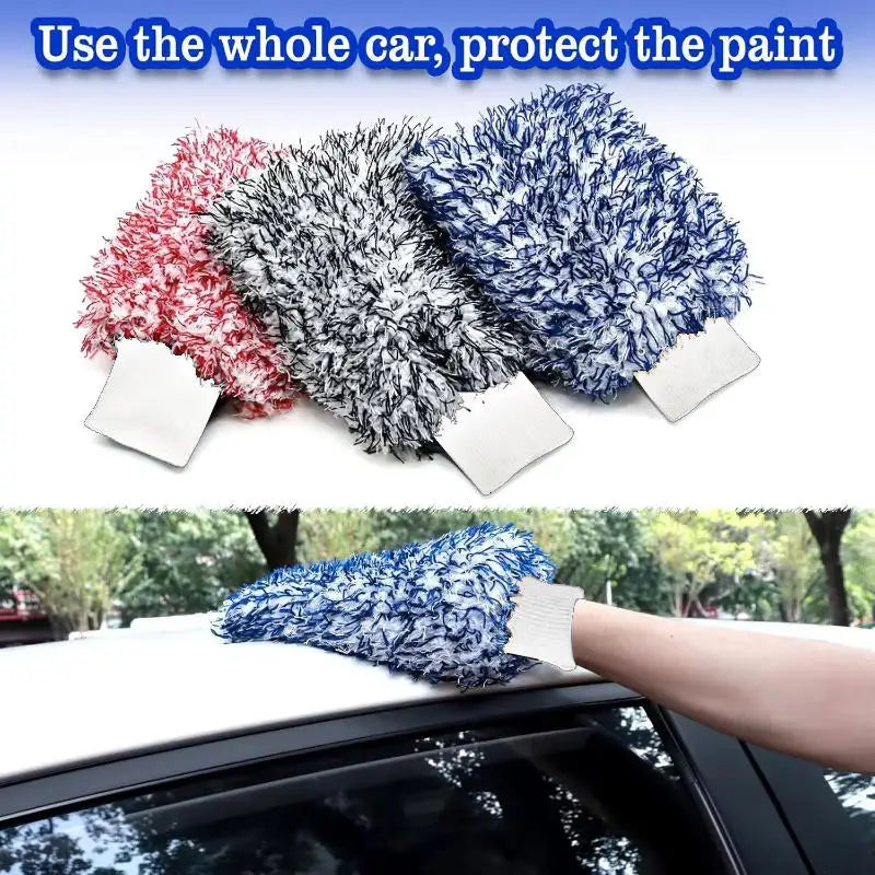 A set of microfiber cleaning gloves in red, gray, and blue are shown protecting a car's paint.
