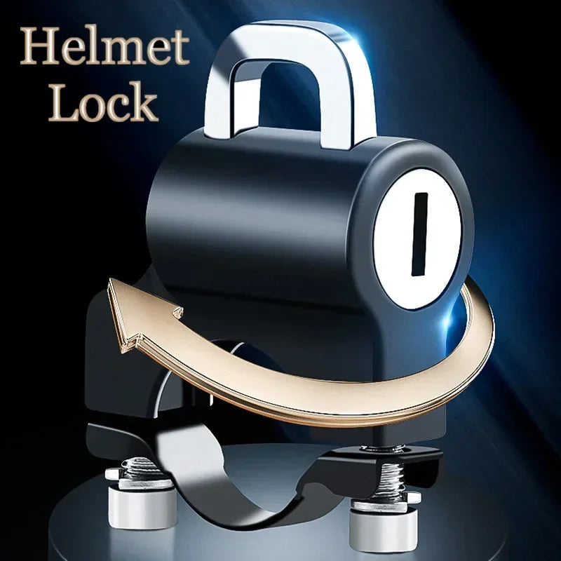 A close-up view of a heavy duty anti-theft helmet lock with a brass key ring and security mechanism.