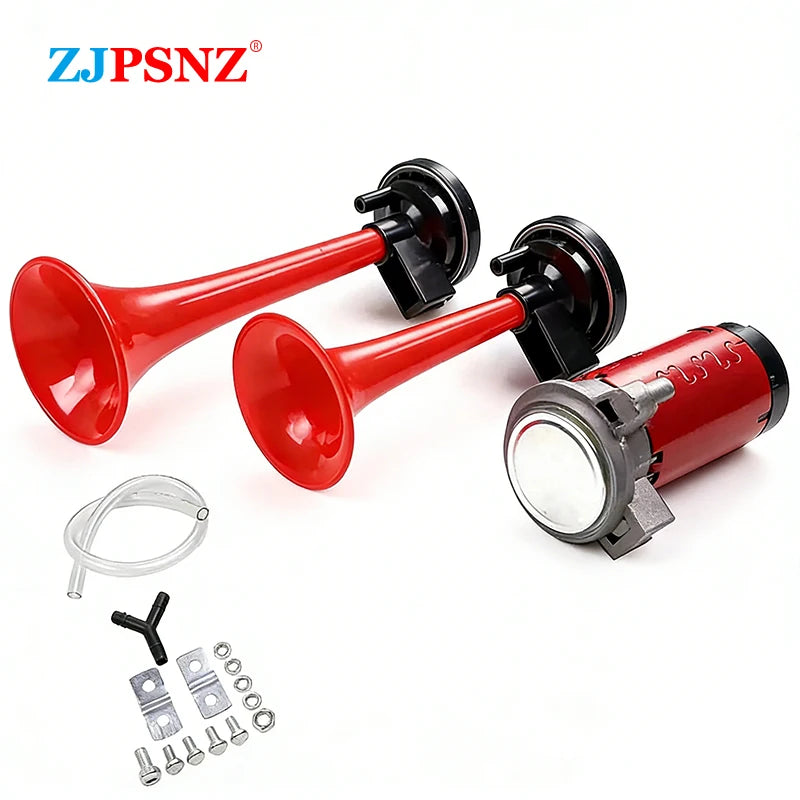 Red dual tone air horn kit with compressor and mounting hardware for vehicles