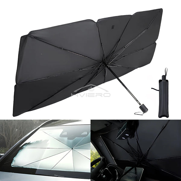 Schwarze faltbare Auto-Windschutzscheiben-Sonnenschutzvorhang, geöffnet, mit Detailansicht der Konstruktion und Installation.
