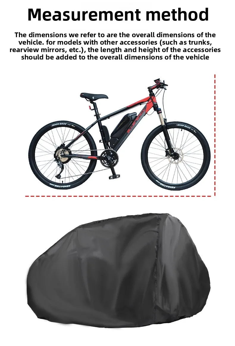 A black bicycle is shown with a black waterproof cover placed on the seat and frame.