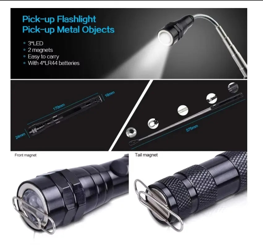A black magnetic LED flashlight with a flexible light bar and detachable tail magnet.