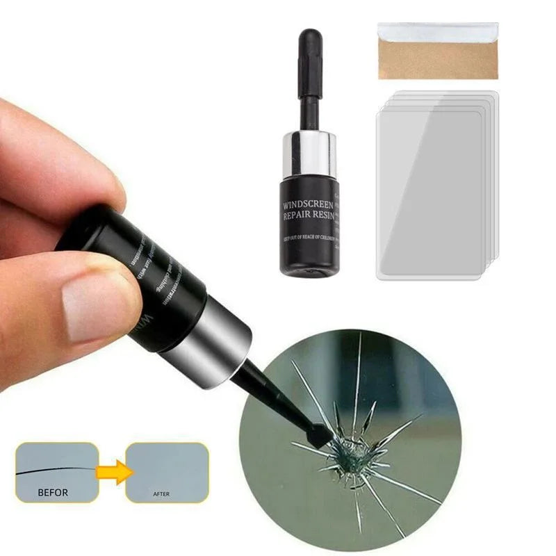A black tool for repairing car glass cracks, shown with a repair resin bottle and before and after results.