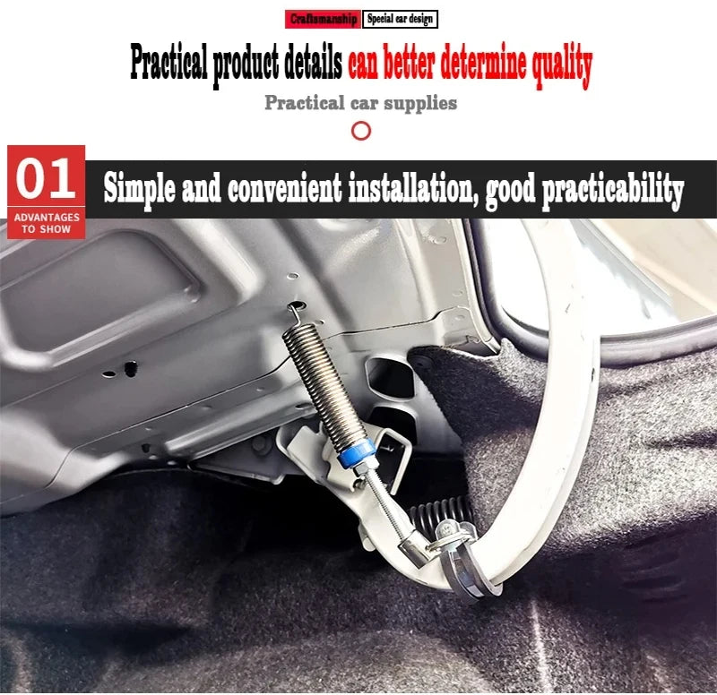 A close-up of an automatic car trunk lid lifter spring installed in a car interior.