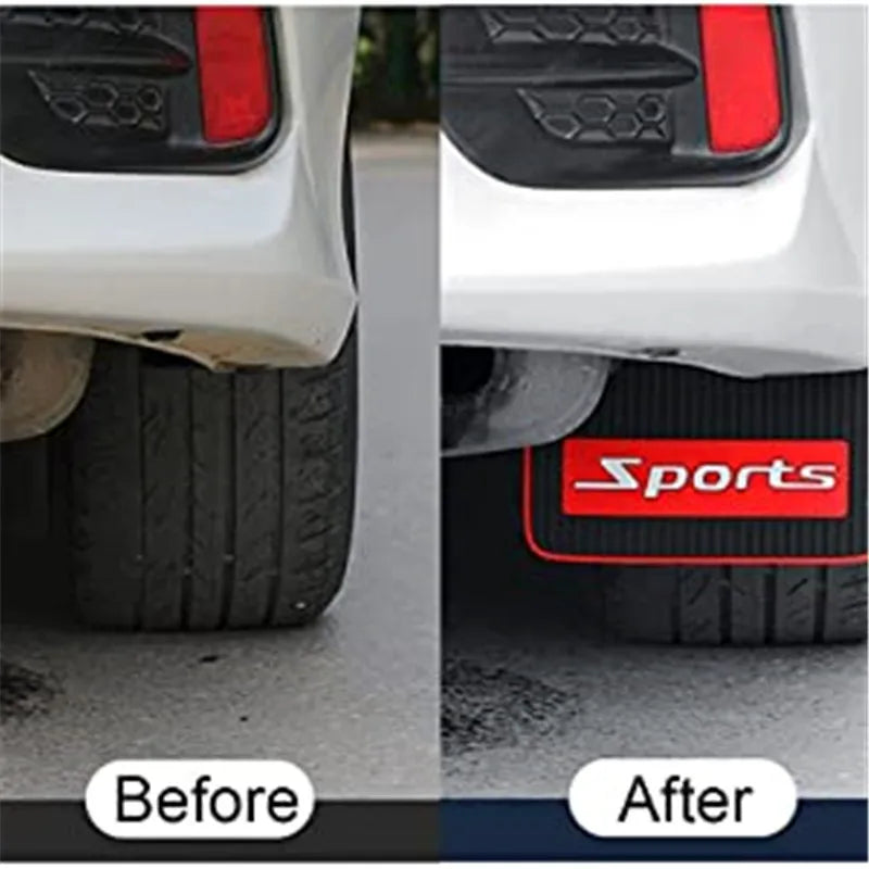 Before and after comparison of universal rubber mud flaps installed on a vehicle's rear bumper.