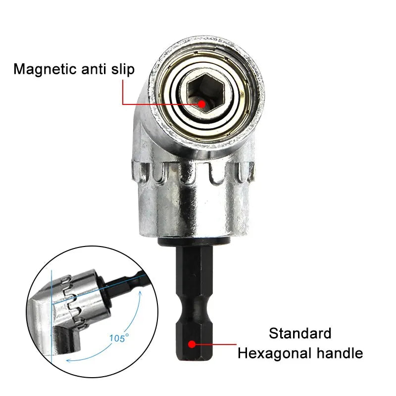 Magnetic anti slip 105-degree angle drill attachment with a standard hexagonal handle