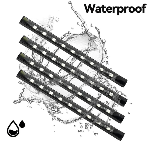 A set of waterproof RGB car underglow LED strip lights shown with water splashes.