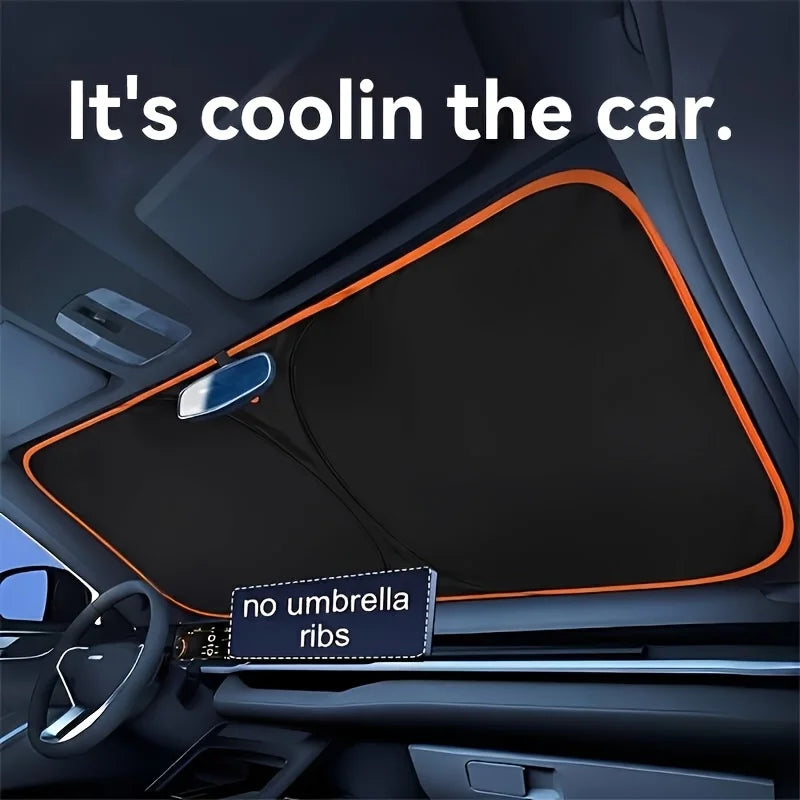 Interior view of a car showing a no umbrella ribs sunshade placed on the windshield.