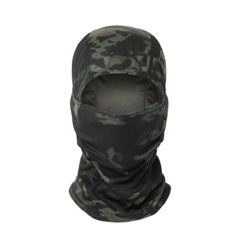A camouflage balaclava cap in dark green and black patterns.