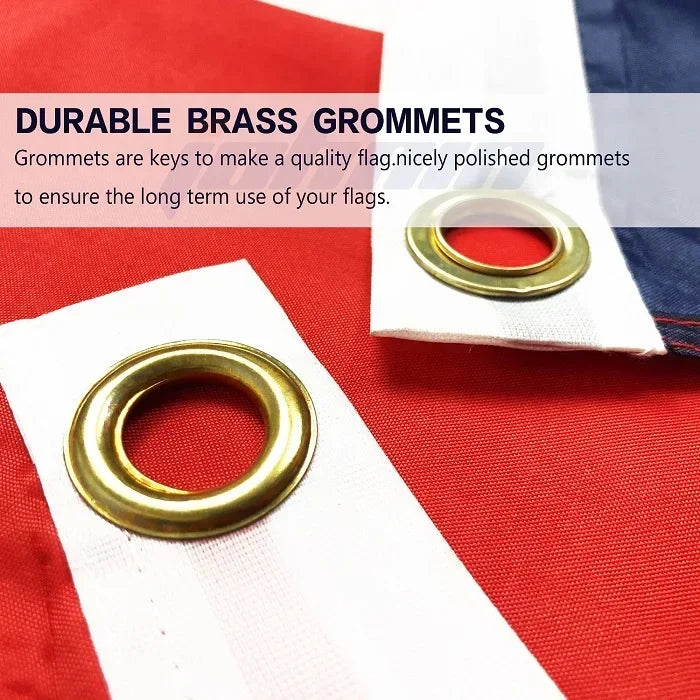 Close-up of a brass grommet used for flag decoration on fabric.