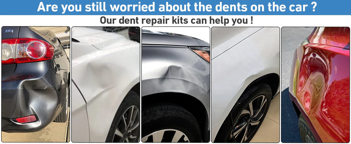 A set of plastic dent repair kits is shown alongside various car body panels, including a red, silver, and white vehicle.
