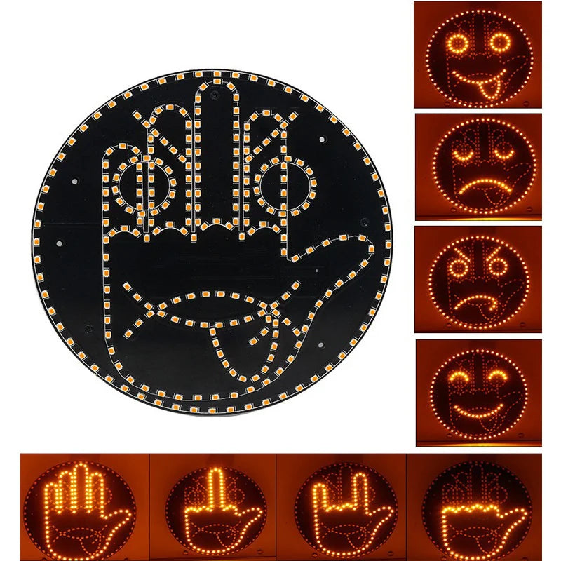 Runder schwarzer Panel mit Handabdruck-Design und umgebenden Gesichtsausdrücken, beleuchtet durch LED-Lichter.