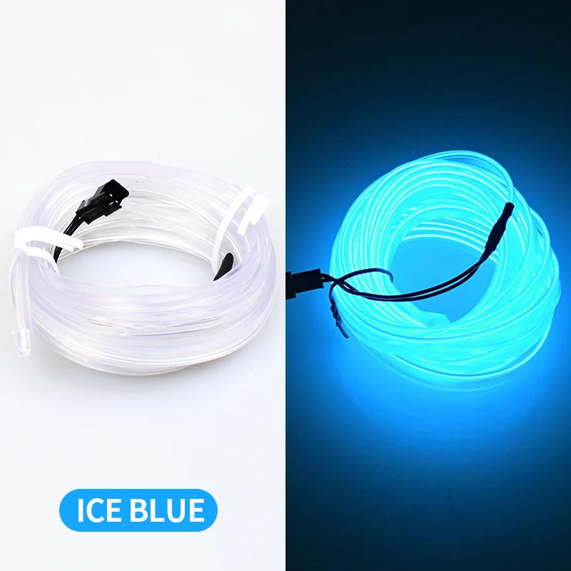A flexible blue LED strip light is shown coiled and illuminated, demonstrating ambient lighting for car interiors.