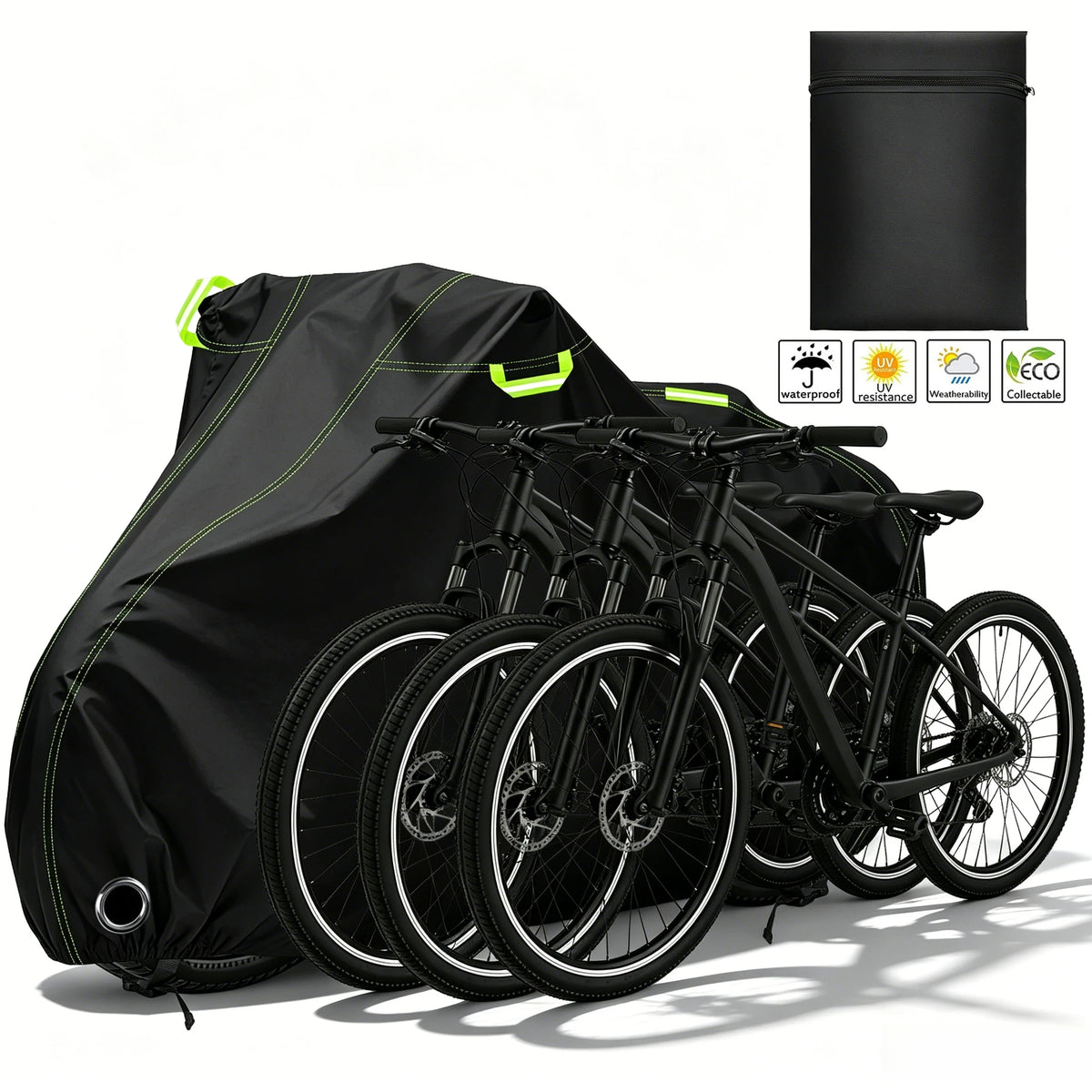 Black waterproof bicycle cover with reflective strips and lock holes displayed next to a storage container.