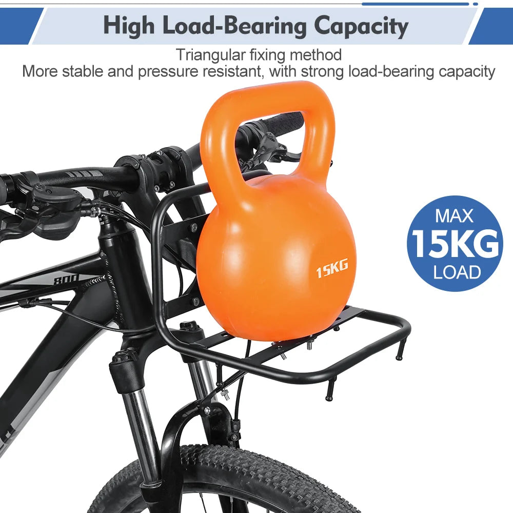 An orange, heavy-duty triangular fixing iron rack is mounted on a bicycle's front fork.