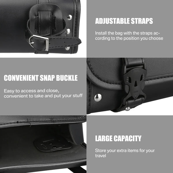 Close-up views of black PU leather motorcycle saddlebags showing adjustable straps, a convenient snap buckle, and large capac