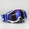 A pair of blue and white off-road motorcycle riding goggles with a black lens and purple tint.