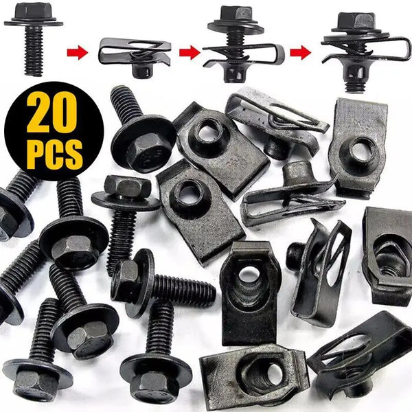 A collection of black M6 engine cover and body fasteners, including bolts, clamps, and brackets.