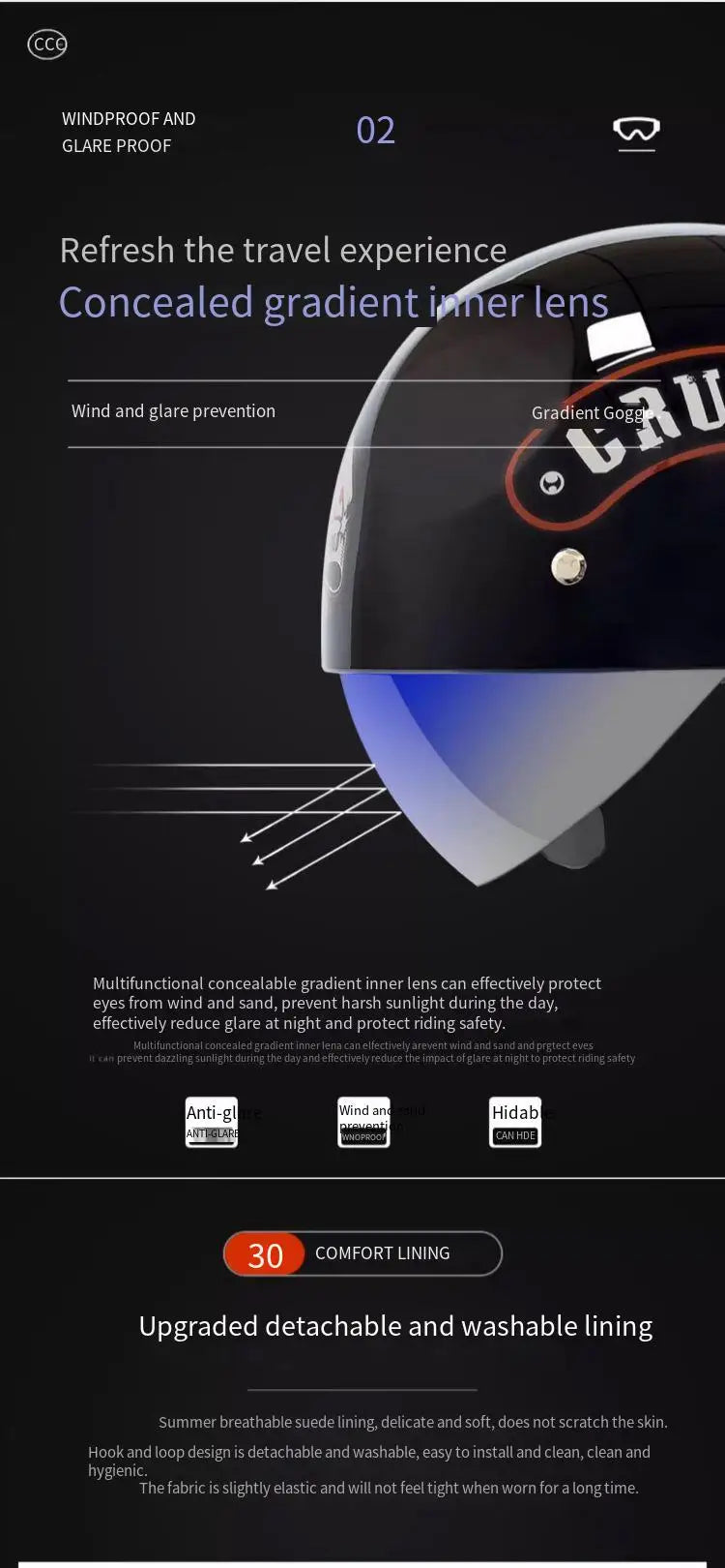 A close-up view of a motorcycle helmet featuring a concealed gradient inner lens for wind and glare protection.