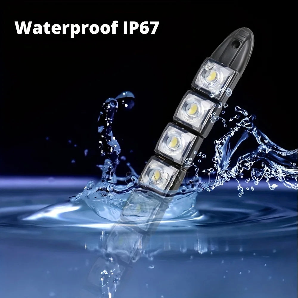 Barre lumineuse LED étanche IP67 immergée dans l'eau, montrant des éclaboussures et des reflets.