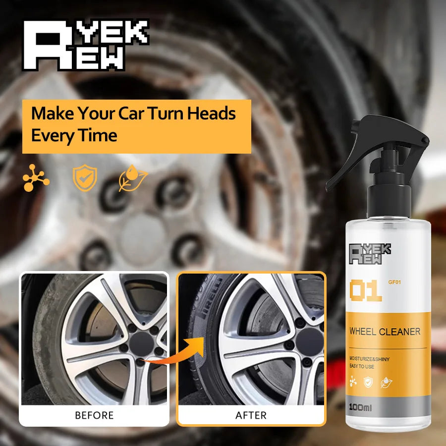 A bottle of YEKREW wheel cleaner with before and after images showing the cleaning process on a car wheel.