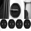 Un jeu de quatre protections pour loquets de portière de voiture noire, incluant un loquet et diverses formes pour l'installa