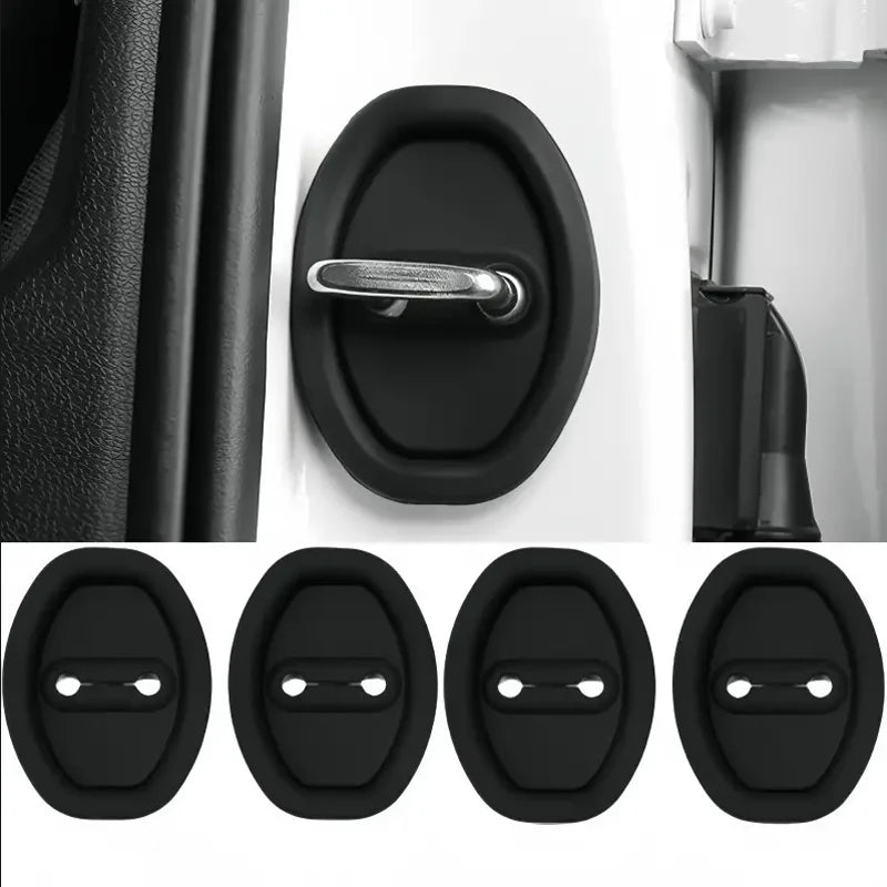 Un jeu de quatre protections pour loquets de portière de voiture noire, incluant un loquet et diverses formes pour l'installa