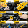 A six-step guide showing how to install a heavy duty yellow steering wheel anti-theft lock with an alarm.