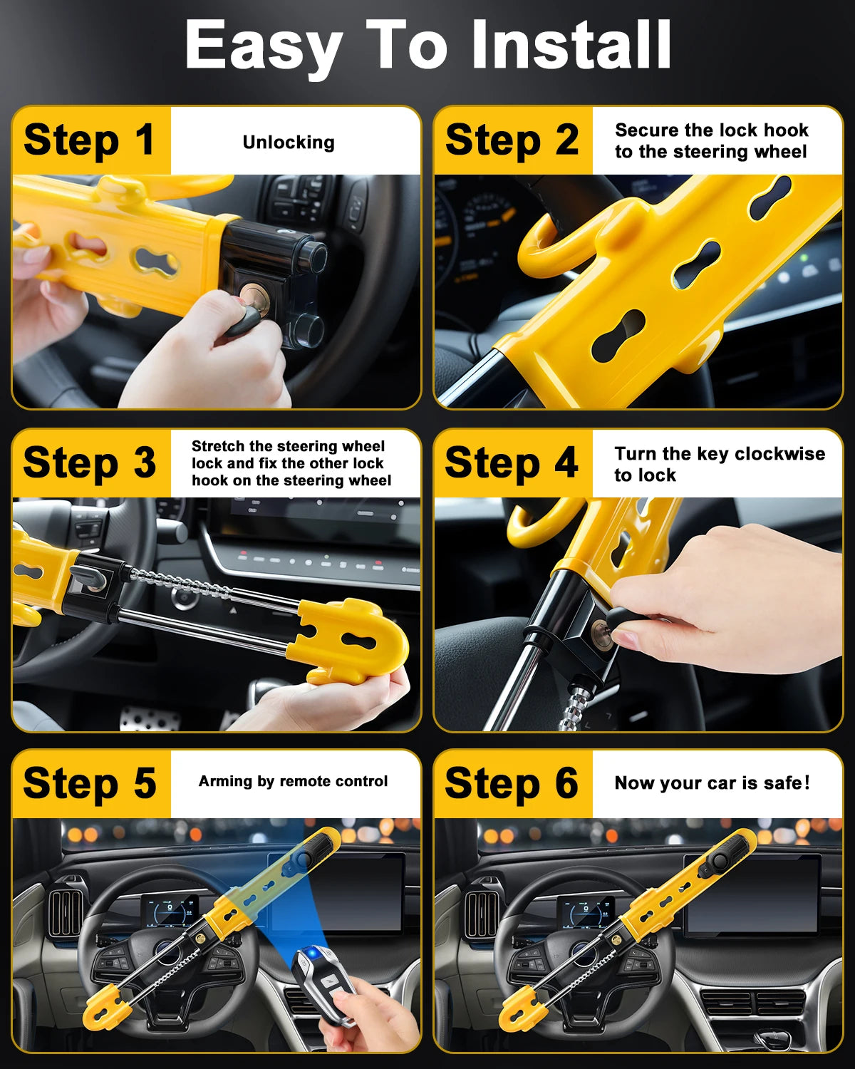 A six-step guide showing how to install a heavy duty yellow steering wheel anti-theft lock with an alarm.