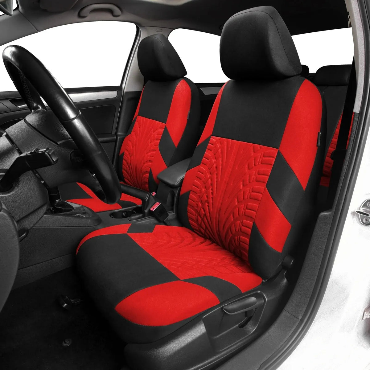 Red and black universal car seat covers installed on a vehicle's front and rear bench seats.