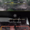 A three-headed car cooling fan is shown blowing air onto five car seats.