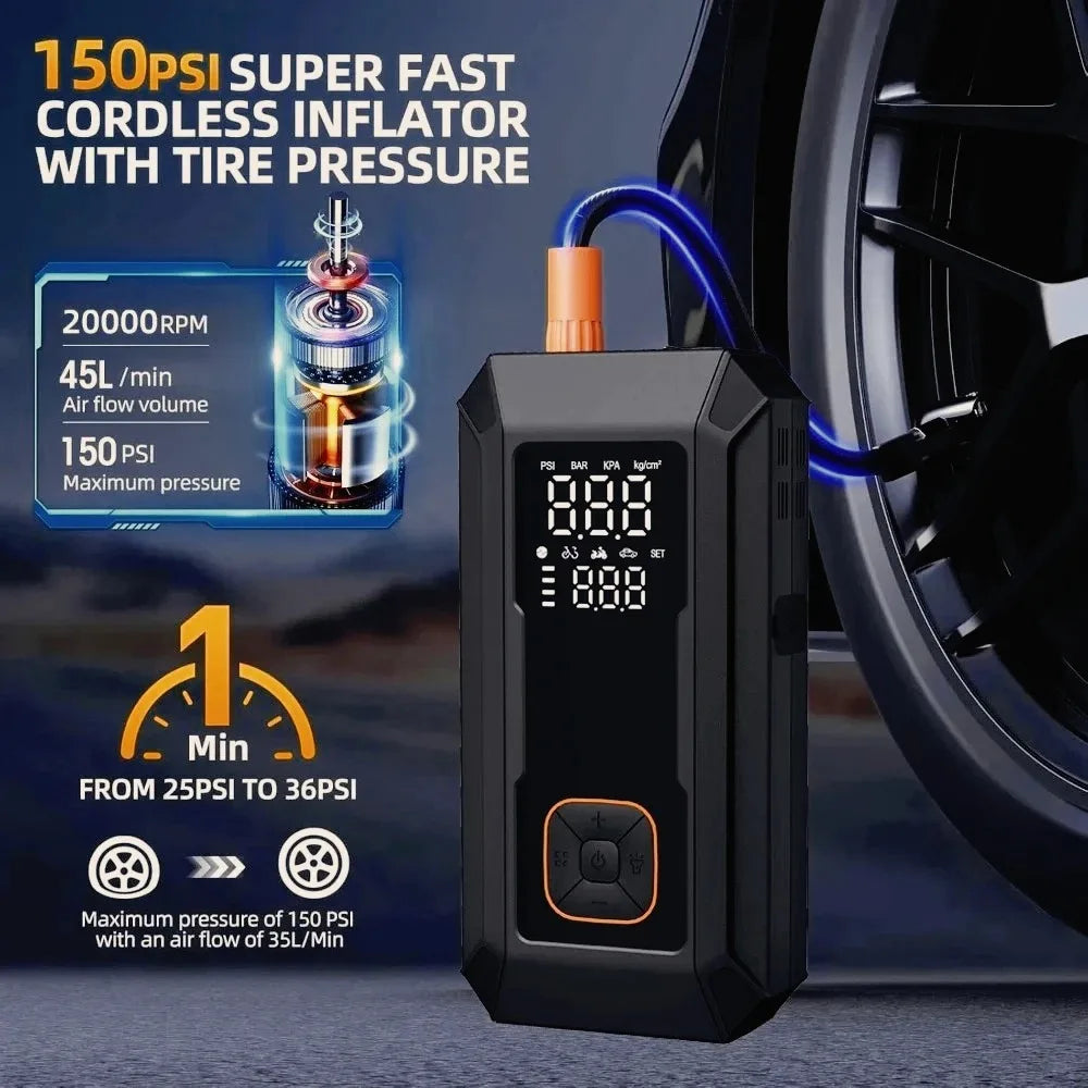 A black cordless air inflator with a digital display and hose, shown next to a tire.