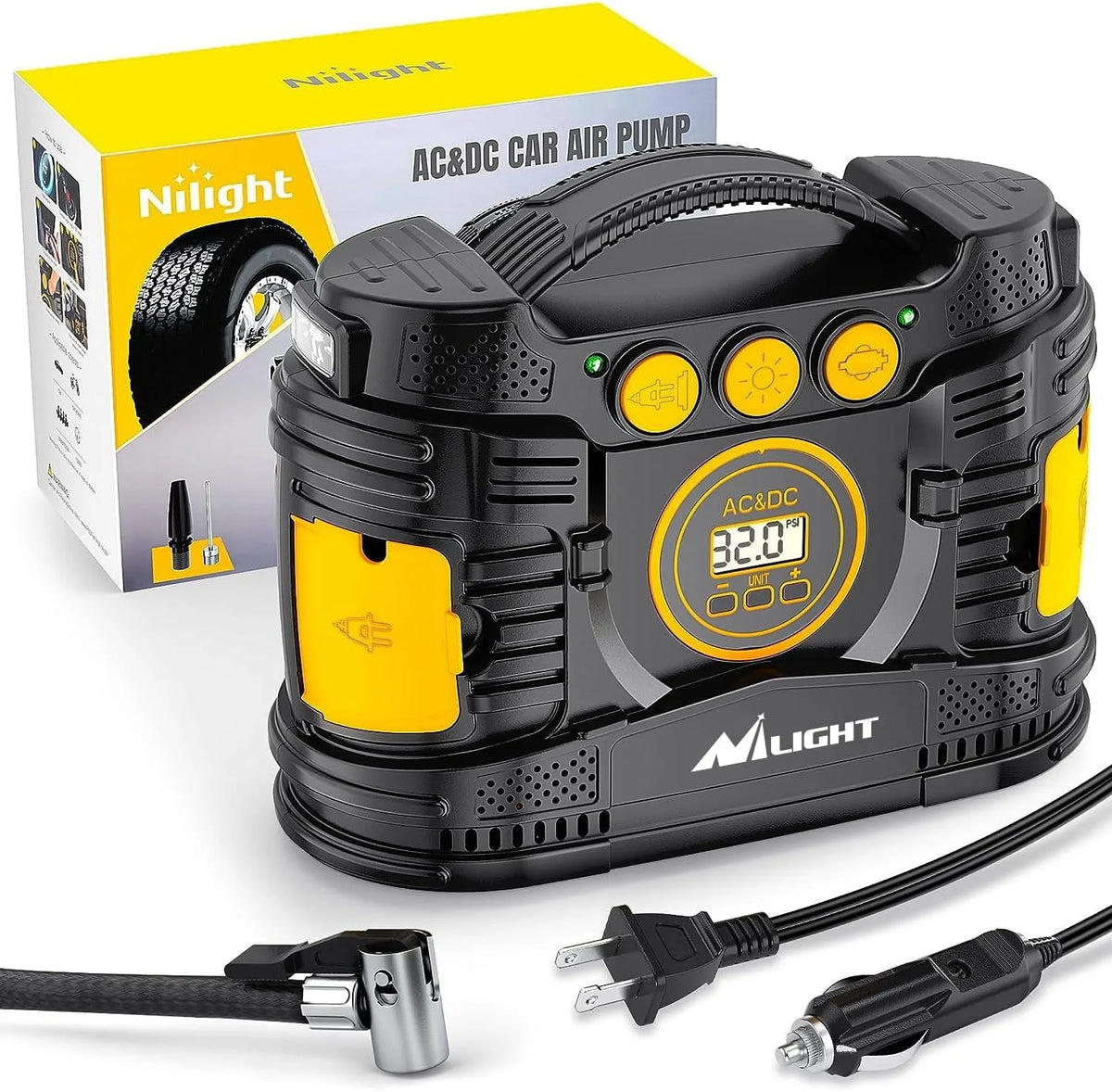 A black portable AC&DC car air pump unit with a yellow accent, along with its power cord and adapter.
