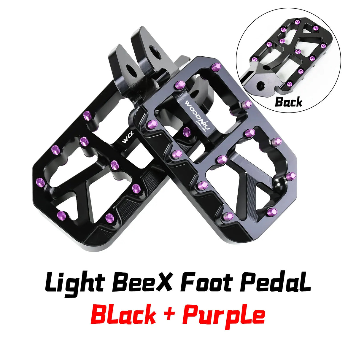 Schwarze und lila Light BeeX Fußpedal für E-Bikes und Motorräder, Ansicht von hinten.